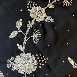 Black georgette and opal sequin and pearl sari